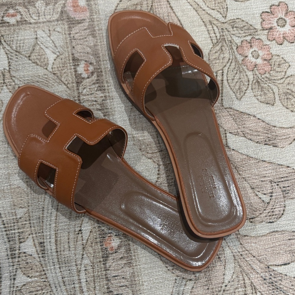 Hermes Doop Cognac Brown Leather Slide Sandals